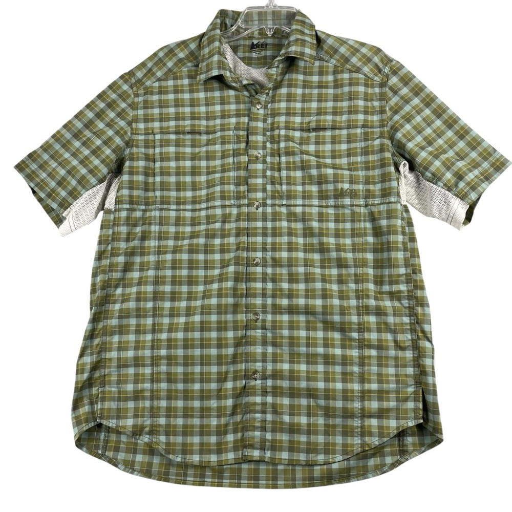 Men's REI‎ Polyester/Spandex Blend Short Sleeve Button Down Shirt Large 0008